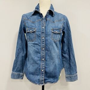 VTG Old Navy Maternity S Blue Denim Pearl Snap Shirt Cottage Western Chore Farm